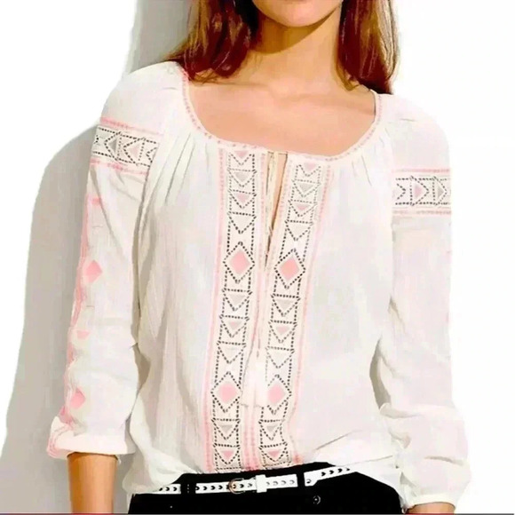 Madewell Boho Tribal Embroidered Peasant Blouse White Pink Sz Small Long Sleeve - Picture 1 of 9